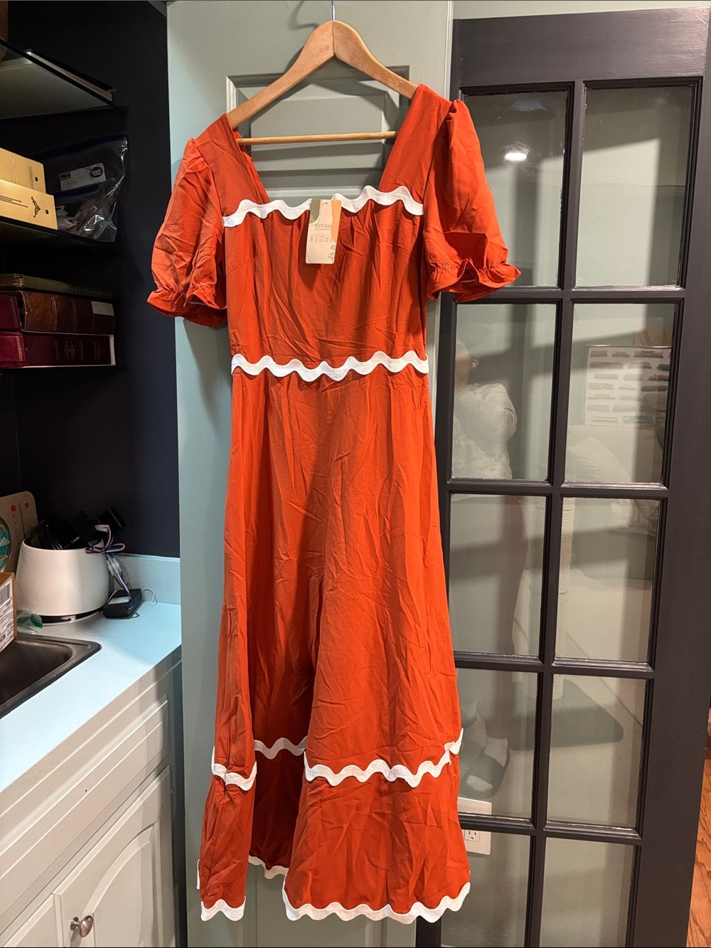 Women’s Orange Midi Dress with White Trim